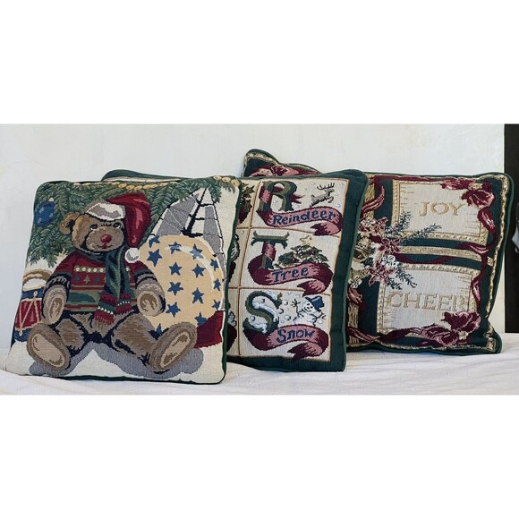 Lot Of 3 Tapestry Christmas Throw Pillows Bear Santa Noel Rectangle Square - Picture 1 of 15